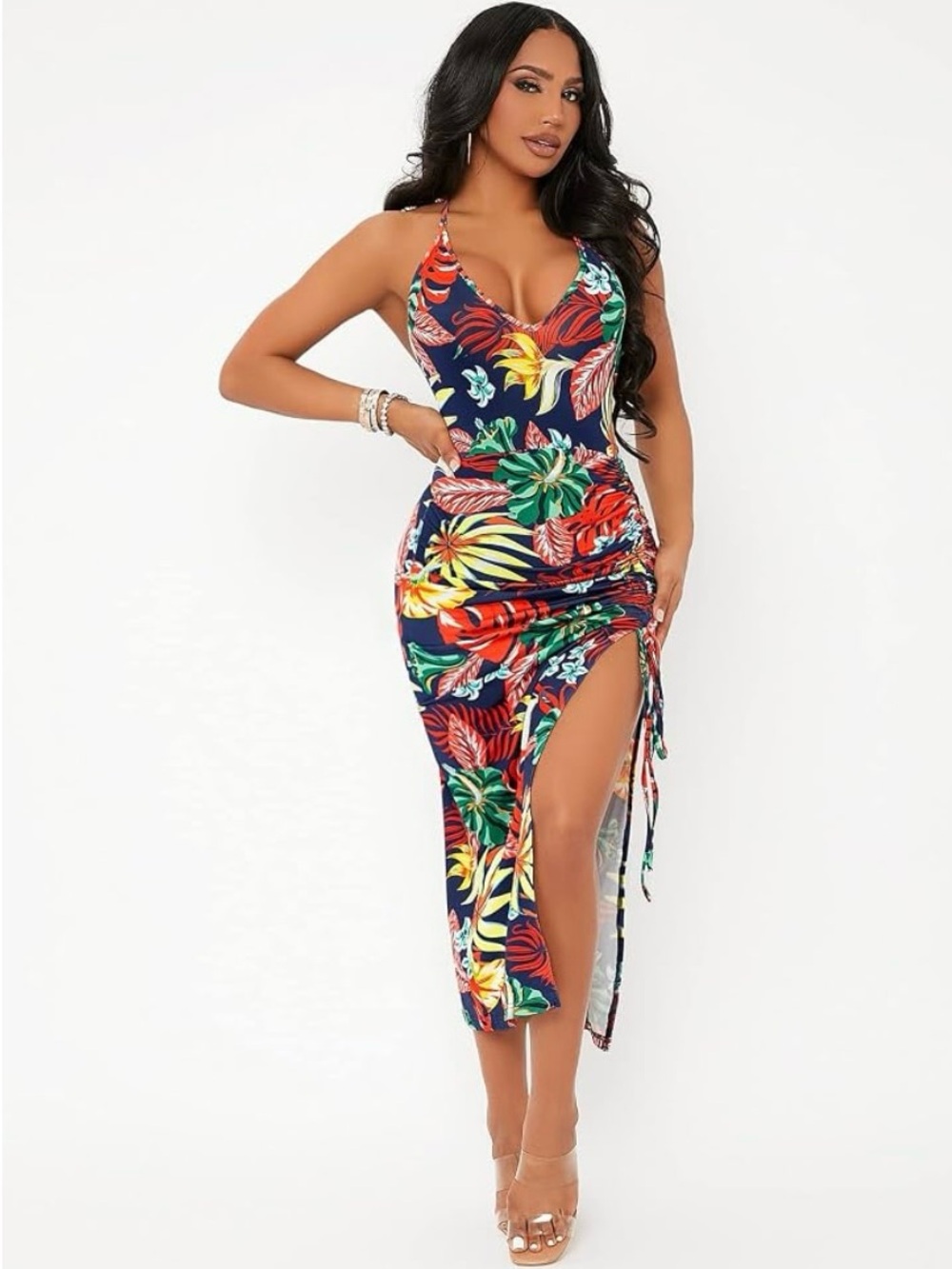 Navy Tropical Floral Side-Ruched Maxi Halter Dress